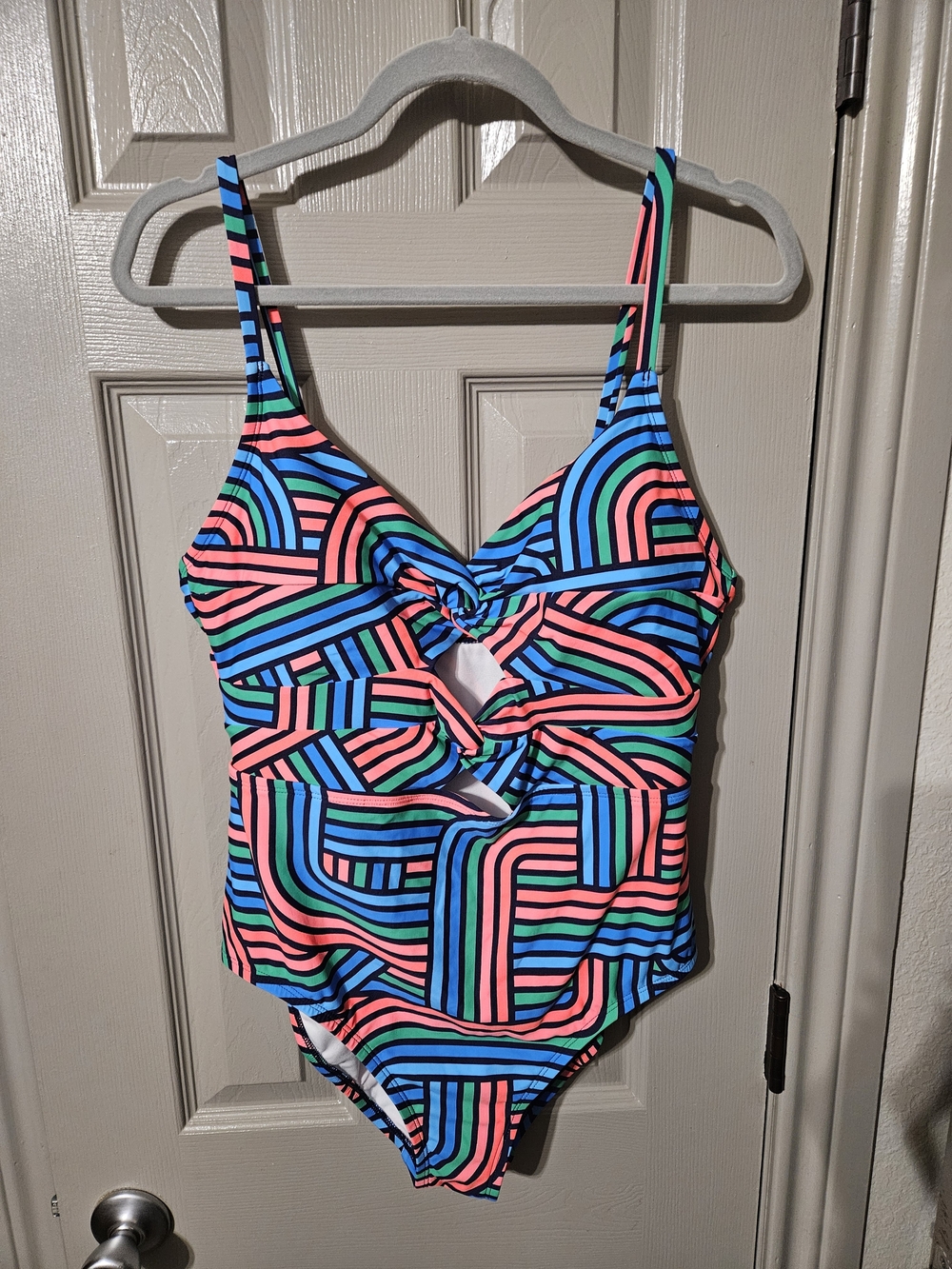 NWOT Geometric Twist-Front One-Piece Swimsuit in Neon Pink, Orange, Green & Blue